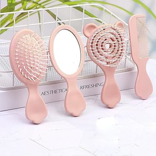 4 Pieces Mini Hair Brush Hair Comb Set For Women Girls Kids Toddler Small Travel Hair Combs Brushes Handheld Mirror Set Detangling Comb Massage HairBrush with Air Cushion (Pink)