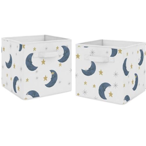 Sweet Jojo Designs Boy Or Girl Gender Neutral Unisex Set Of 2 Kids' Decorative Fabric Storage Bins Bear And Moon Blue Gold And Grey