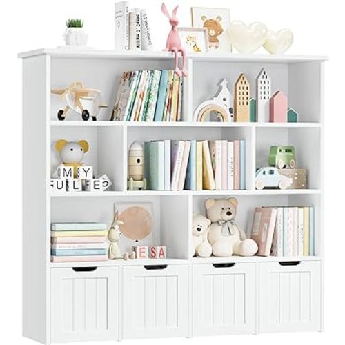 finetones Toy Storage Organizer, Large Toy Organizers and Storage with 4 Movable Drawers and 7 Storage Cubbies, Toy Chest Shelf Organizer with Hidden Wheels, Kids Bookshelf and Toy Storage