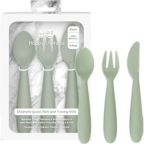 ezpz Happy Utensils (Sage) - 24 Months+ - BPA Free Toddler Utensils - Fork, Spoon and Knife for Toddlers and Preschoolers - Kids for Self-Feeding Development