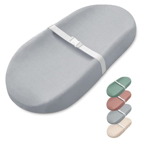 Blissful Diary Muslin Baby Changing Pad with Waterproof Lining Foam, Diaper Changing Table Pad with Cover for Dressers (Gray, Avocado)