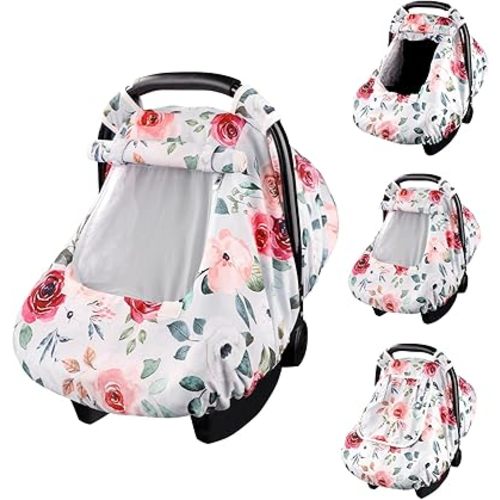 Floral Car Seat Covers for Babies, Kick Proof Infant Car Seat Cover, Windproof Baby Carseat Cover Girls, Car Seat Canopy with Breathable Mesh Peep Window