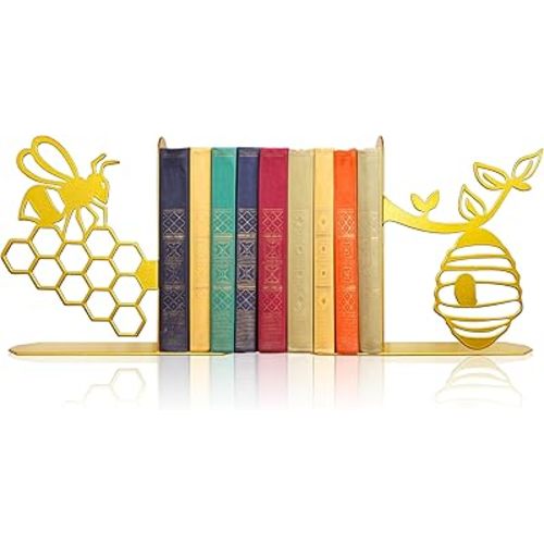 Bee Metal Bookends Cute Honey Book Ends for Shelves Bookshelf Decorative Objects Home Office Desk Bookshelf Decor Nice Gifts for Women (Gold)