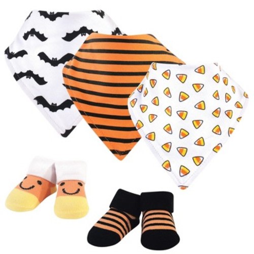 Hudson Baby Infant Cotton Bib and Sock Set 5pk, Candy Corn, One Size