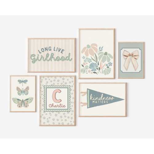 Girls Gallery Wall Set of 6 Prints Blush Pink Nursery Decor Pastel Neutral Muted Custom Name Retro Flowers Rainbow Butterflies Long Live