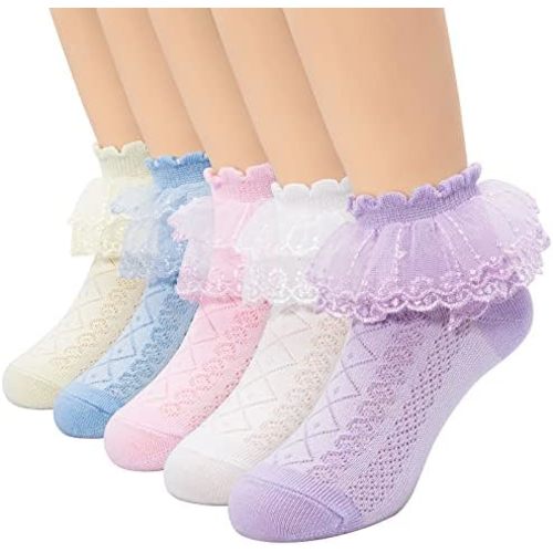 Looching 5 Pairs Toddler Baby Girls Ruffle Lace Socks Eyelet Mesh Cotton Frilly Ankle Soft Dress Kids Princess Socks 2-13T