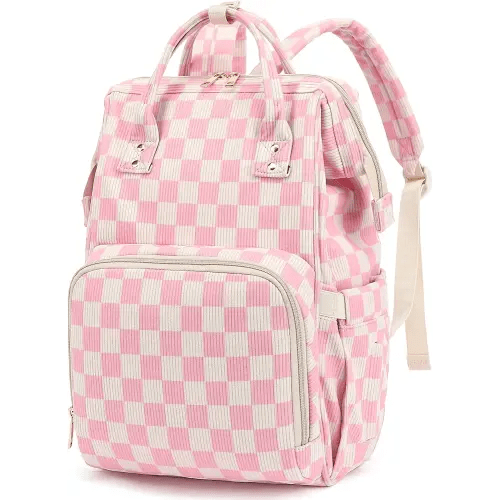 Baby Diaper Bag Backpack for Mom, Large Capacity Travel Nappy Bag for Boys & Girls with Stroller Straps (Corduroy Checkered Pink)