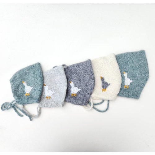 Made to Order Baby Bonnets with Goose Embroidery.  Alpaca Baby Bonnet. Unisex Baby Bonnets. Knit Baby Pixie Style Hat. Embroidered Bonnet.