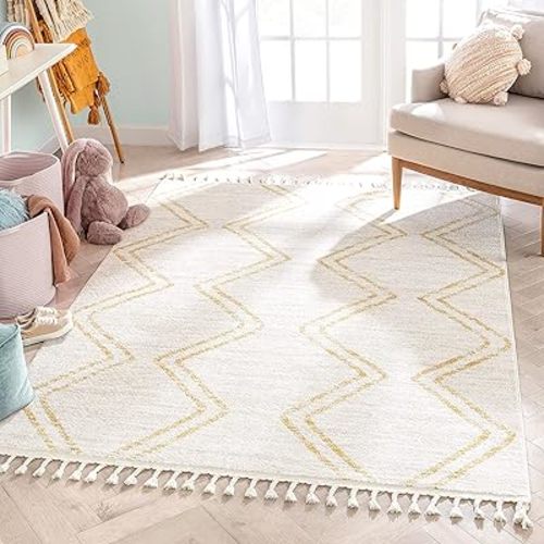 Well Woven Merri Yellow Ivory Geometric Stripes Pattern Stain-Resistant Area Rug 5x7 (5'3" x 7'3")