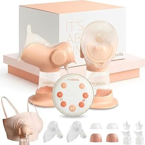 Annabella Double Breast Pump with Hands Free Pumping Bra - Innovative Baby Tongue Simulation Electric Breast Pump, Adjustable Shield (18–24mm), Quiet, Comfortable & Portable