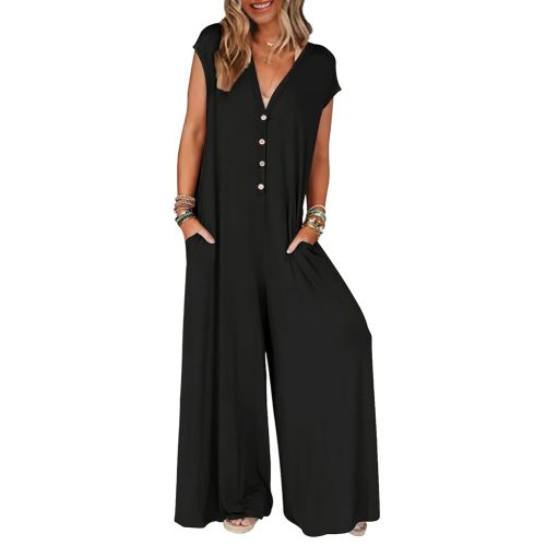 MEROKEETY Women's 2025 Summer Cap Sleeve Jumpsuits Deep V Neck Button Onesie Wide Leg Pants Rompers, Black, L