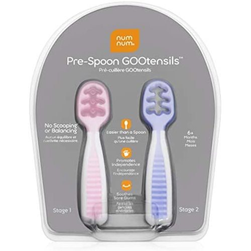 NumNum Pre-Spoon GOOtensils | Baby Spoon Set (Stage One + Stage Two) | BPA Free Silicone Self Feeding Utensil | #1 Doctor Recommended Baby Led Weaning Spoon for Kids Ages 6 Months+ (Lilac/Rosebud)