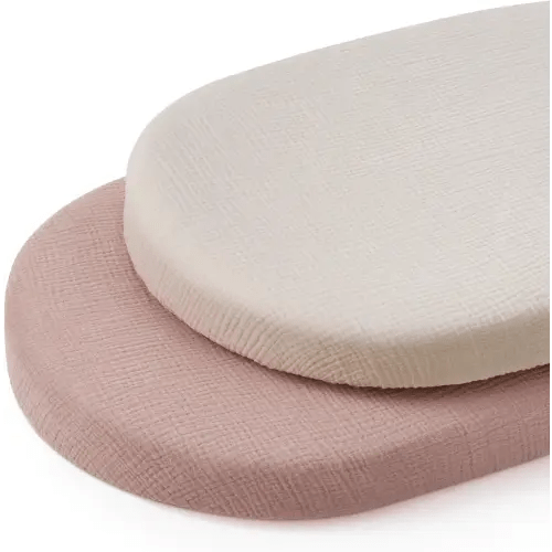 Blissful Diary Muslin Bassinet Sheets for Baby Girls Boys, Boho Soft Cotton Fitted for Oval Hourglass Rectangle Mattress, 2 Pack(Cream&Pink)