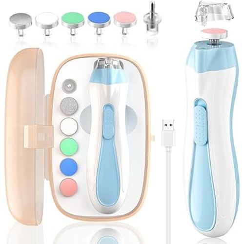 Baby Nail File Electric Baby Nail Care Set with LED Light, Baby Nail Clipper Electric for Newborn/Infants/Adults Toenails and Fingernails, 7 Grinding Head Replacement Pads, Blue