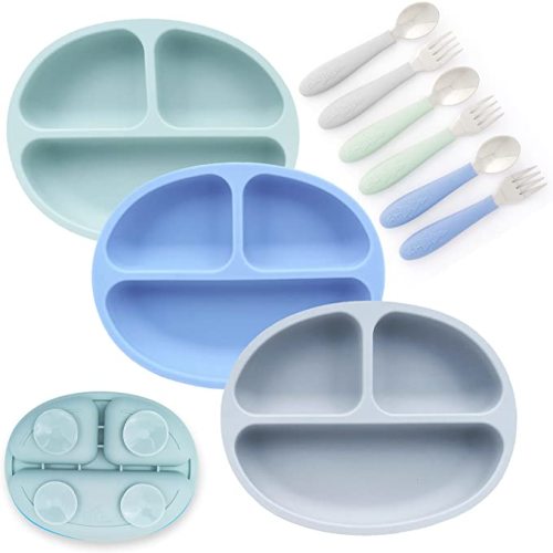 Elk and Friends Silicone Suction Plate for Babies/Toddlers + Stainless Steel Silverware Feeding Set | Divided Plate | Suction Design | Forks + Spoons Included | 3 Pack - Sage/Gray/Misty Blue - With Cutlery