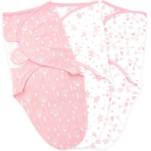 0-3 Months Baby Girl Swaddle Blankets, 3 Set of Adjustable Cotton Velcro Infant Wrap, Pink, Grey & Mint