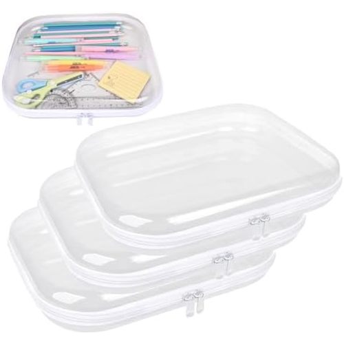 Clear Hard Shell Zipper Case,3PCS Transparent Clear Zipper Pouches,Hard Side Plastic Zipper Pencil Case Set,Portable Travel Storage Organizer Bins