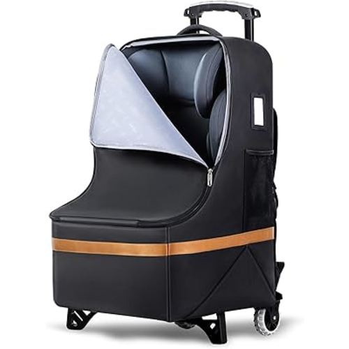 Upgraded Car Seat Travel Bag with Wheels, Car Seat Bags for Air Travel, Car Seat Storage Bag with Foldable Trolley, Padded Car Seats Backpack for Airplane, Airport Gate Check, Black