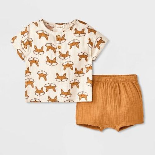 Baby Boys' Fox Printed Henley Gauze Shorts Set - Cat & Jack™ Cream 24M