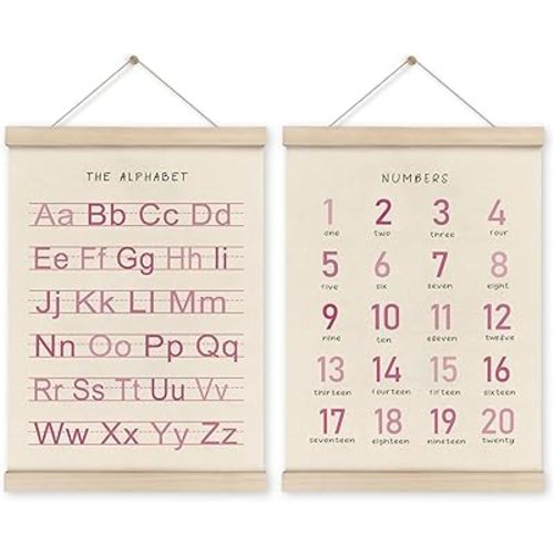 HRQKO Alphabet Numbers Poster Hanger Frame Set of 2, Pink Girls Nursery Wall Decor, ABC Poster Wall Art with Wooden Frames, Pink Alphabet Banner Wall Hanging Decor for Toddler Playroom, 12x16 Inch
