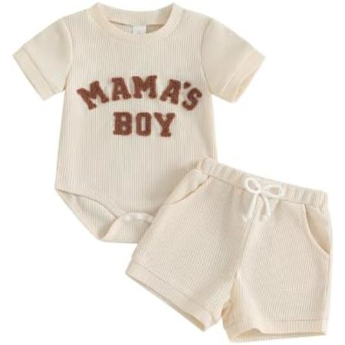 Douhoow Baby Boy Summer Outfits Short Sleeve Mamas Boy Little Dude Embroidery Boy Romper Shorts Set Infant Waffle Clothes