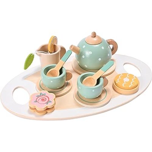 15pcs Wooden Tea Set for Little Girls, MONT PLEASANT Wooden Toys, Toddler Tea Set Play Kitchen Accessories Play Food playset for Kids Tea Party