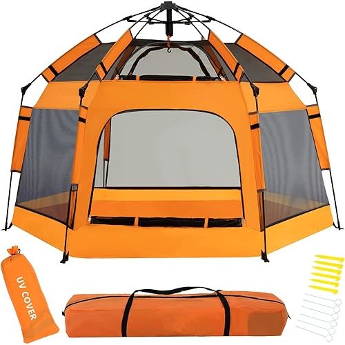 Baby Pop Up Playpen with Canopy, 2024 Newest Pop Up Baby Pop Up Tent with Safety Lock, Portable Toddler Play Yard with Travel Bag, 6 Ground Stakes, 6 Sand Stakes