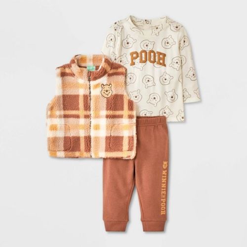 Baby Boys' 3pc Disney Winnie The Pooh Long Sleeve Shirt with Cozy Zip-Up Vest & Bottom Set - Brown