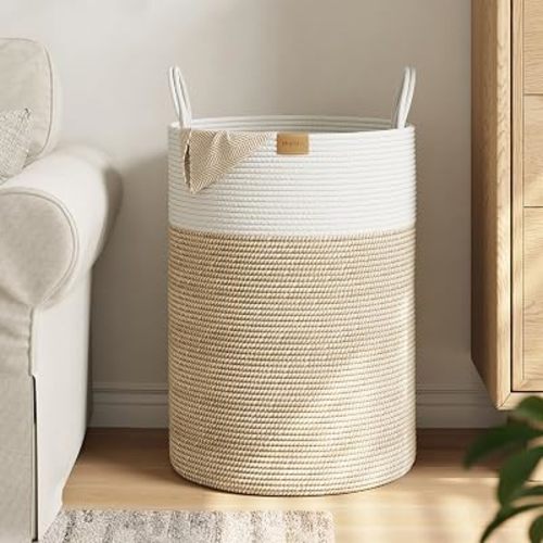 Nunsino Laundry Hamper 95L,Large Laundry Basket for Clothes,Decorative Storage Basket for Blankets,Cotton Rope Woven basket for bedroom,Brown White
