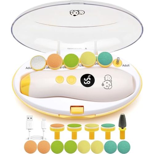 Royal Angels Rechargeable 22 in 1 Baby Nail Trimmer with LCD Display, Labeled Case, 13 Extra Pads, Safe Quiet LED Light Electric Baby Nail File Kit for Newborns Toddlers (Mango)