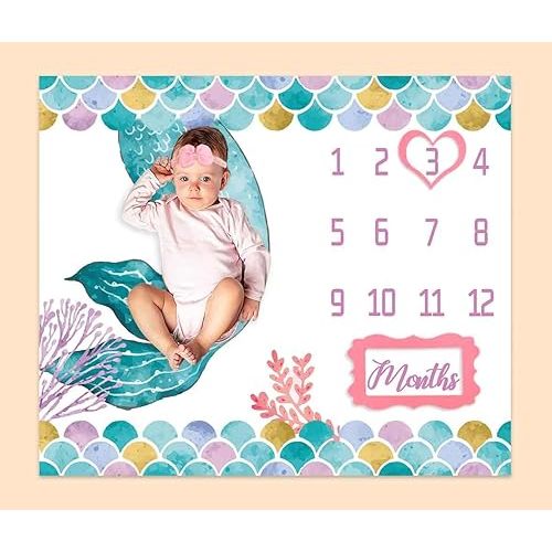 Mermaid Baby Monthly Milestone Blanket, Teal Mermaid Tail Personalized Growth Chart Blanket Baby Pictures, 48"x40" Photography Backdrop 1 to 12 Months Include 4 Frames, 1 Headband BTXTPH598