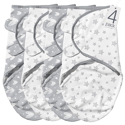 Biloban Baby Swaddles 0-3 Months for Boy & Girl, Cotton Swaddle Blanket, Newborn Essentials, Lovely Grey Print, 4 Pack