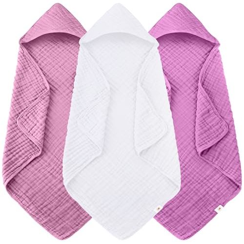 Sunny zzzZZ Muslin Hooded Baby Bath Towels - 3 Pack 100% Cotton Soft Low-Saturation Pastel Towels Including Classic White for Newborns, Infants, Toddlers - 32x32 Inch - Deep Sakura and White