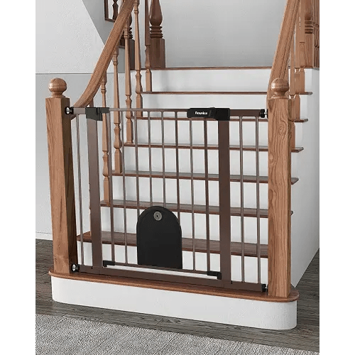 Newnice 40.6"-29.7" Wide Auto Close Baby Gate with Small Cat Door, Easy Walk Thru & Durable Dog Pet Gates for Stairs, Doorway, House, Pressure Mounted Safety Child Gate, Brown