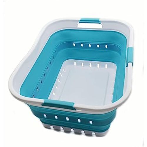 SAMMART 42L Collapsible Plastic Laundry Basket - Foldable Pop Up Storage Container/Organizer - Portable Washing Tub - Space Saving Hamper/Basket (1, White/Bright Blue)