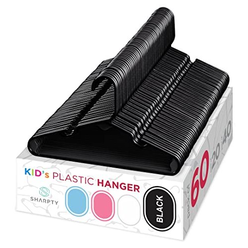 Sharpty Kids Plastic Hangers, Children's Hangers for Baby, Toddler, and Child Clothes - Everyday Standard Use - Ideal for Boys and Girls Closet, Clothing, Pants, Coats, and More - Black, 60 Pack