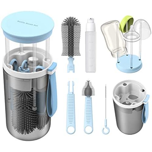 TechoEcho Travel Baby Bottle Brush Set with Extendable Liquid Silicone Bottle Brush,Nipple Brush,Built-in Bottle Drying Rack,Straw Cleaner Brush,Baby Bottle Soap Dispenser,Bottle Warmer (Blue)