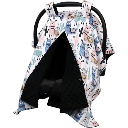 Baby Car Seat Canopy Cover - Emperor Llamas with Black Minky Dot