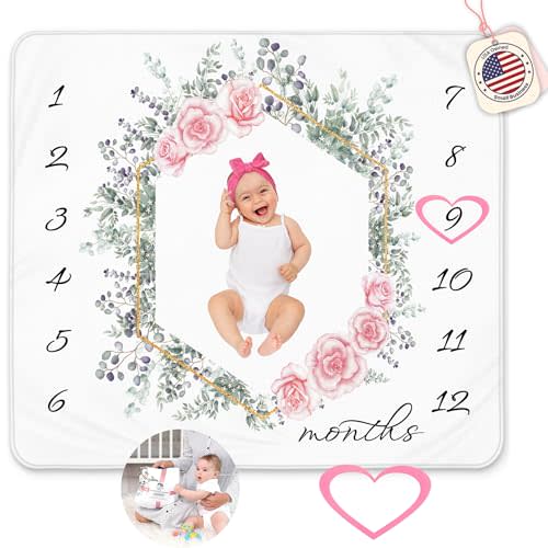 KEMINA BLANKETS Baby Girl Milestone Blanket – 50x40, Soft Fleece, Eucalyptus & Rose Floral Design, Includes Headband & Wreath, Monthly Growth Chart, Newborn Keepsake & Baby Shower