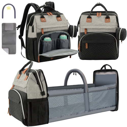 Diaper Bag Backpack for Mom and Dad – Large Capacity Baby Bag w/ USB Port – Waterproof Travel Backpack for Baby Essentials, Stylish Gray/Black