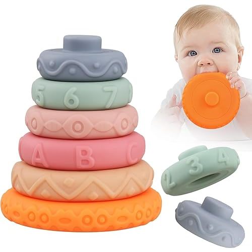 6 Pcs Stacking Rings Soft Toys for Babies Newborn 0-18 Months 1 Year Old Girls Boys - Toddler Sensory Educational Montessori Baby Blocks - Infant Development Teething Learning Easter Basket
