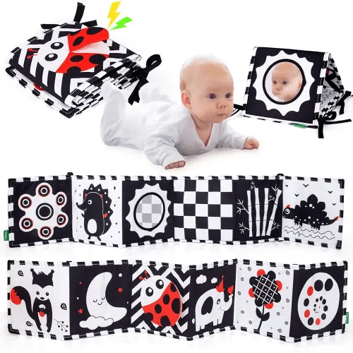 Cawgug Black and White High Contrast Baby Toys for Newborn Brain Development Tummy Time Soft Book Babies 0-3 6-12 Months Montessori Learning Activities Infant and Sensory Visual Stimulation Toys