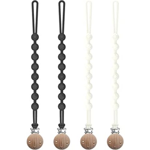 Silicone Pacifier Clip, Seposeve 4 Pack Pacifier Holder Clips, Keeps Pacifier Clean, Soft Flexible Pacifier Leash, Binky Clips for Baby Boys and Girls, Durable - High-Toughness, 2 Black + 2 White