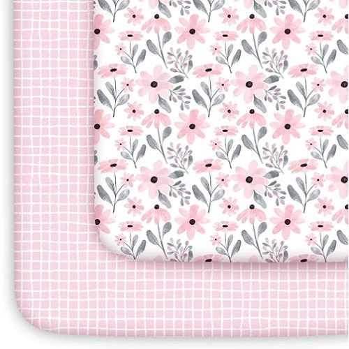 Yoofoss Pack and Play Sheets Girl 2 Pack, 38x26 Mini Crib Sheets Fitted for Baby Compatible with Graco Pack n Play Mattress,Ultra Soft Breathable Microfiber Pink Floral