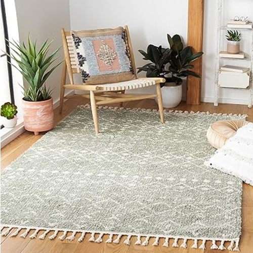 SAFAVIEH Berber Fringe Shag Collection Area Rug - 6'7" x 9', Sage & Ivory, Moroccan Design, Non-Shedding & Easy Care, 1.2-inch Thick Ideal for High Traffic Areas in Living Room, Bedroom (BFG516W)