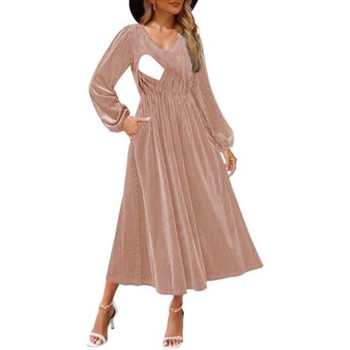 Women's Nursing Long Sleeve V Neck Velvet Maxi Dress Flowy Wedding Party Dresses with Pockets
