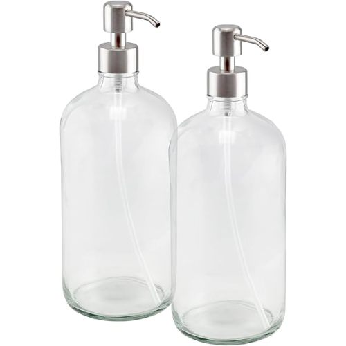 Cornucopia 32oz Glass Pump Bottles with Stainless Steel Pump (2-Pack, Clear); Economy Size Soap Dispenser for Massage Oils, Lotions, Liquid Soaps