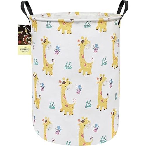 HUNRUNG Laundry Hamper,Large Canvas Fabric Lightweight Storage Basket Toy Organizer Dirty Clothes Collapsible Waterproof for College Dorms(Round-Butterfly Giraffe)