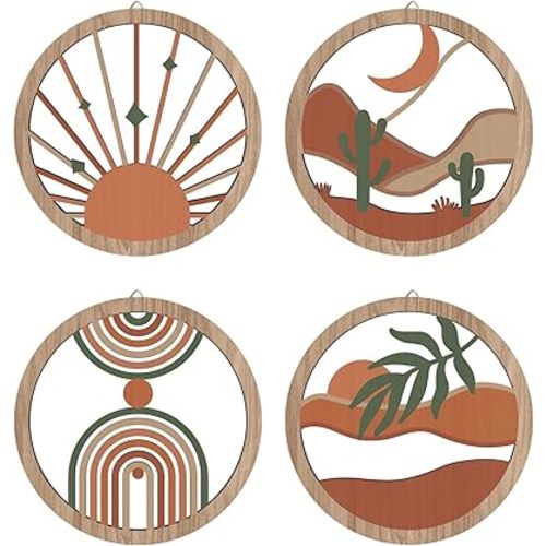 HPNIUB 4 Pcs Boho Wall Art Decor, Bohemian Geometric Hanging Wood Sign for Living Room, Aesthetic Abstract Desert Cactus, Minimalist Farmhouse Botanical Wooden Plaque for Apartment Bedroom(10''x10'')