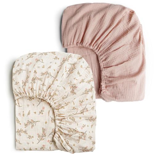 Konssy Muslin Crib Sheets for Girl Boy, 2 PCS Soft and Breathable Cotton Baby Sheets for Standard Crib Mattress, 52"x 28" (Floral, Pink)